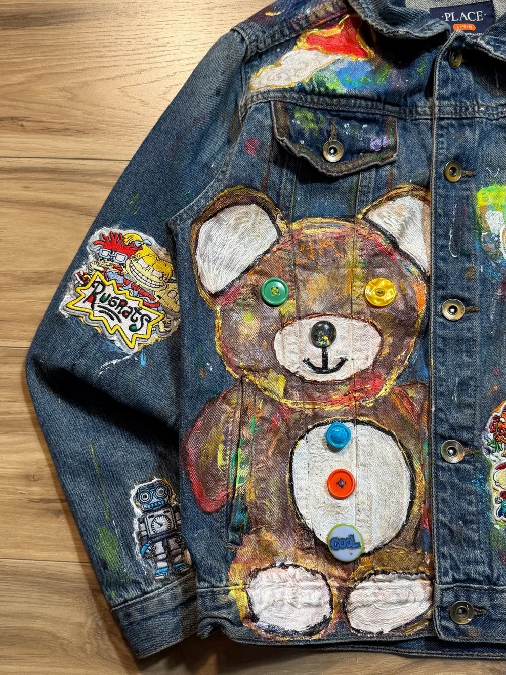 The Children's Place Denim Jacket with Painted Teddy & Patches - Blue
